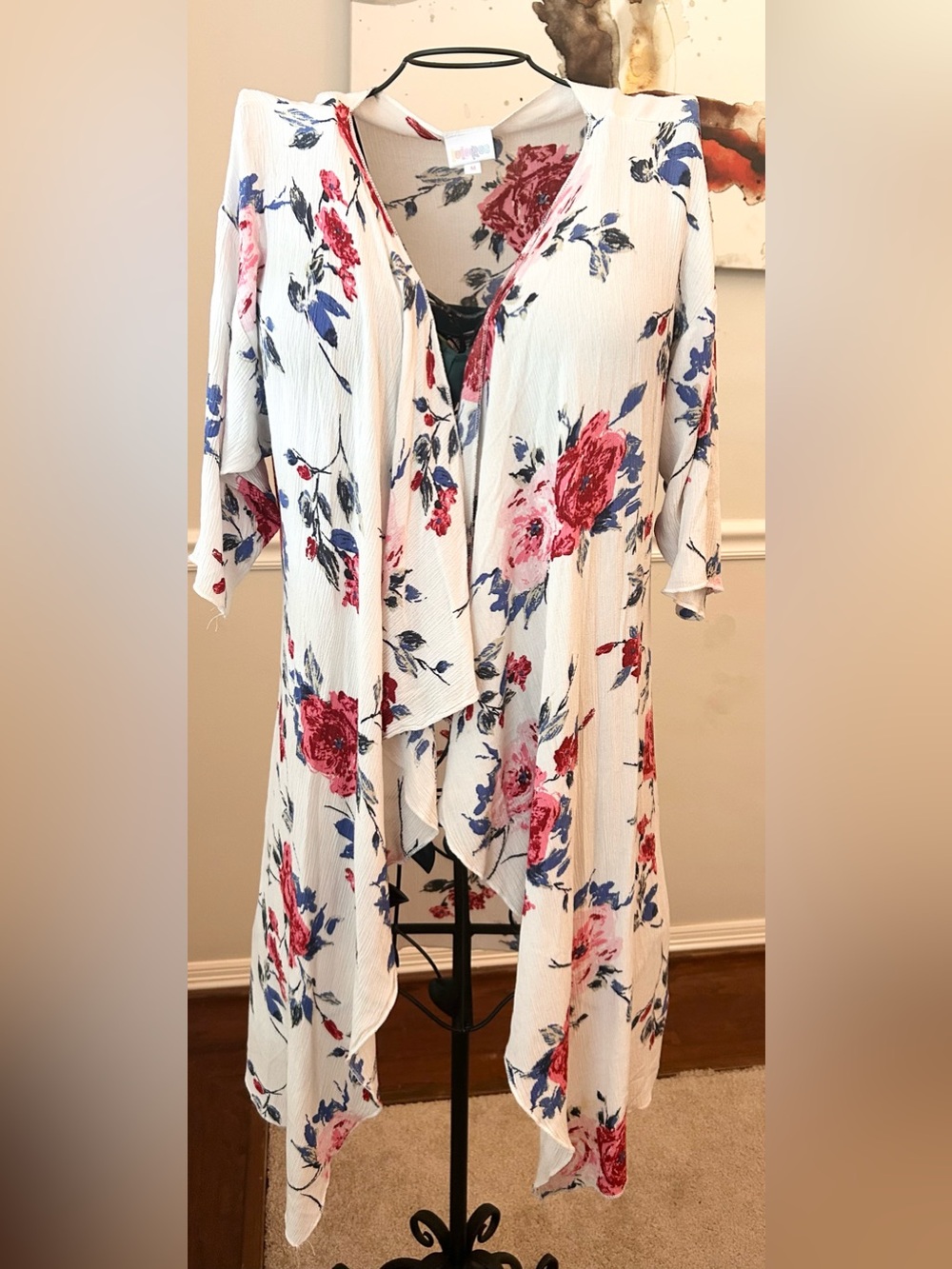 LuLaRoe Sarah Duster Cardigan textured, vibrant Red and Blue Floral Print.